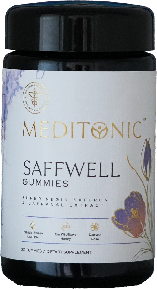 Saffwell Gummies in a violet glass jar